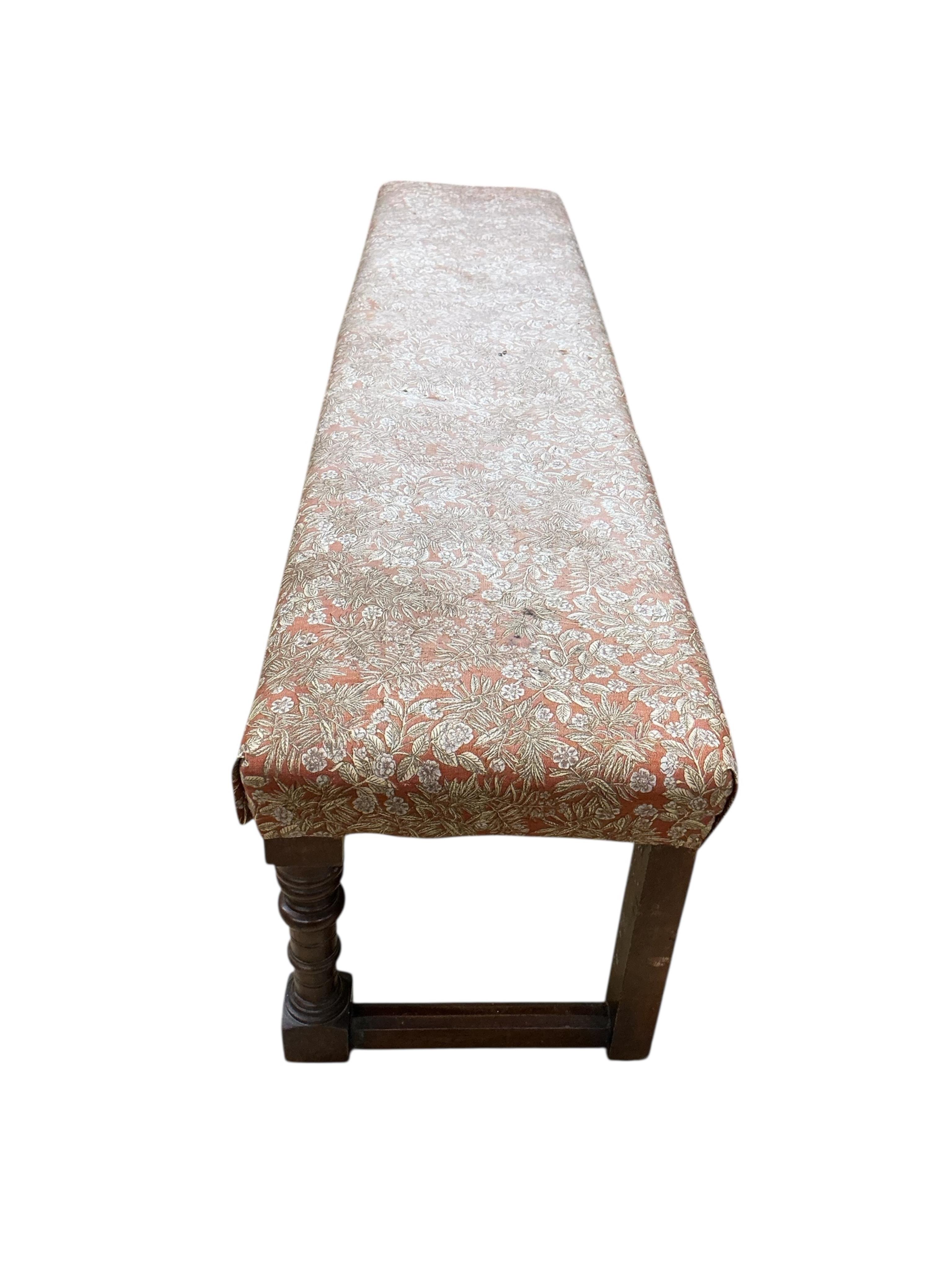 A late Victorian turned mahogany bench, adapted, width 200cm, depth 46cm, height 46cm